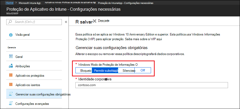 Microsoft Intune, as configurações necessárias mostram o modo de Proteção de Informações do Windows.