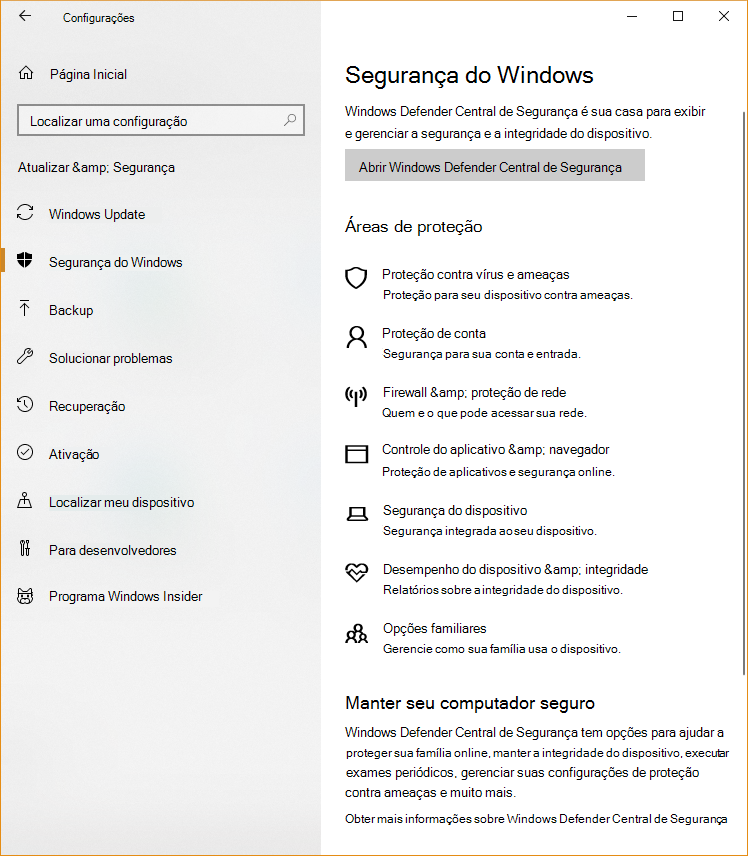 Captura de tela das Configurações do Windows mostrando as diferentes áreas disponíveis no Segurança do Windows.
