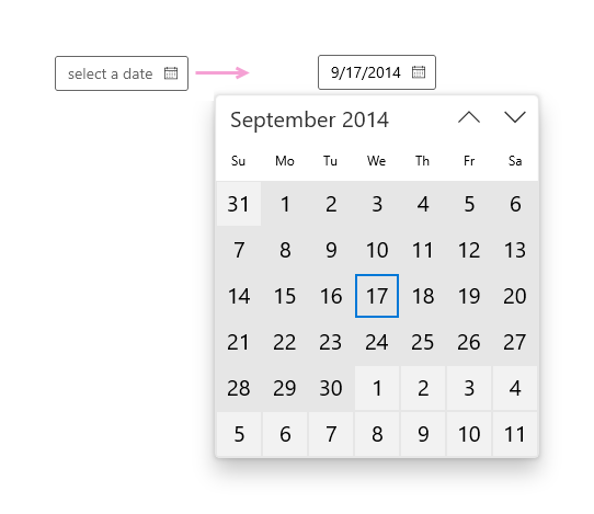 Captura de tela de um seletor de data do calendário mostrando uma caixa de texto Selecionar uma data vazia e, em seguida, uma preenchida com um calendário embaixo dela.