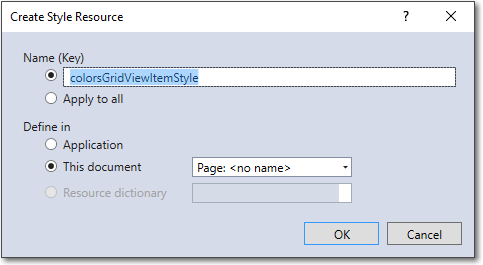 Caixa de diálogo Criar Recurso de Estilo do Visual Studio