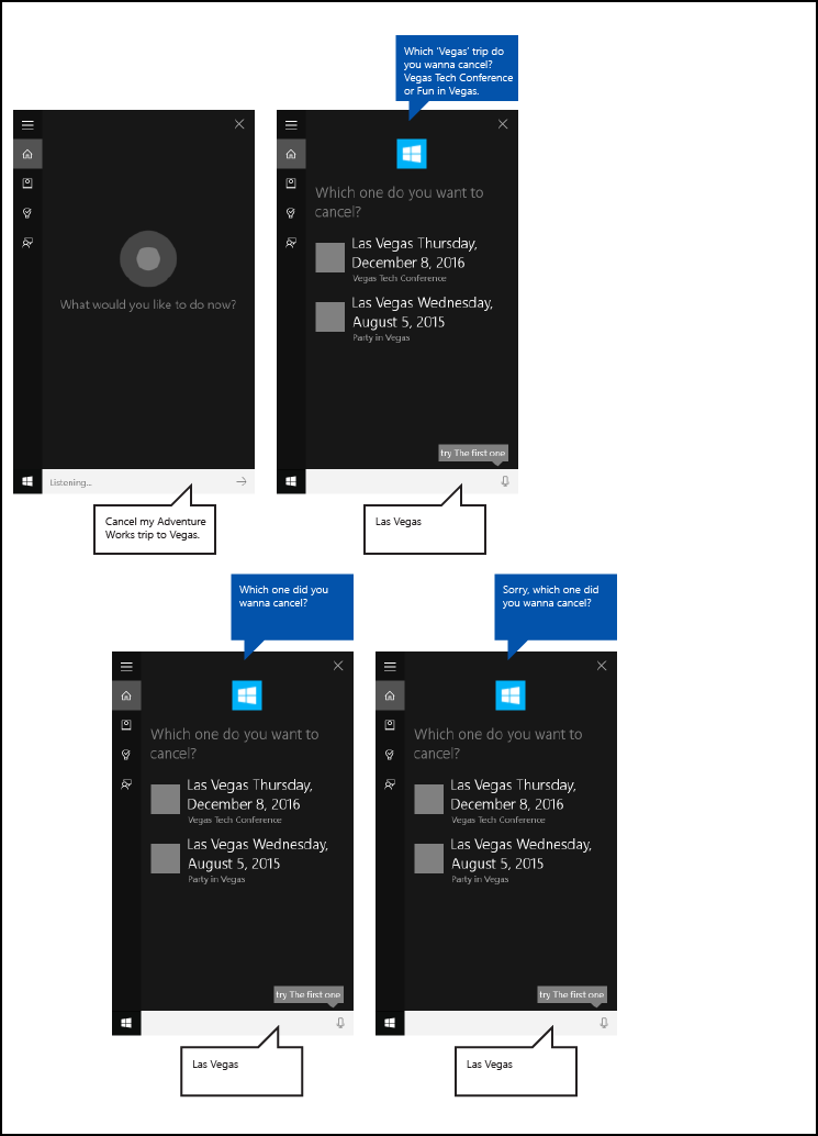 Captura de tela da tela da Cortana para o fluxo de aplicativo em segundo plano da Cortana de ponta a ponta usando a desambiguação