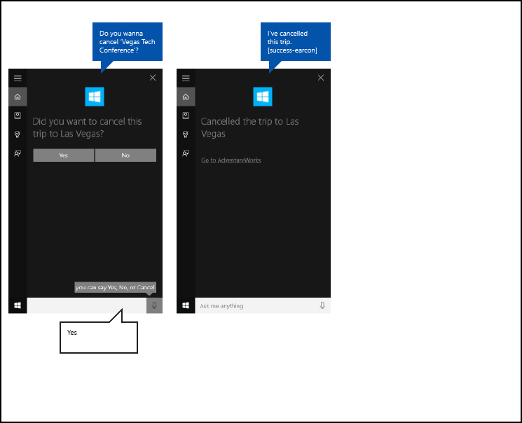 Captura de tela da tela da Cortana para o fluxo de aplicativo em segundo plano da Cortana de ponta a ponta usando a confirmação de viagem de cancelamento adventureworks