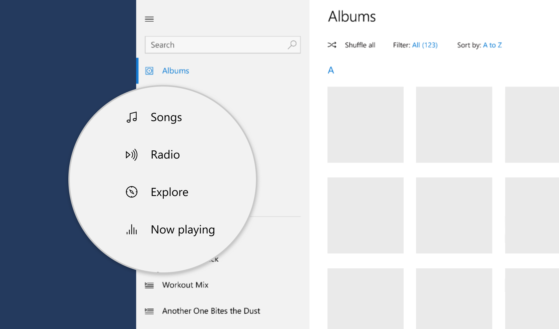 Captura de tela dos ícones em um aplicativo de música.