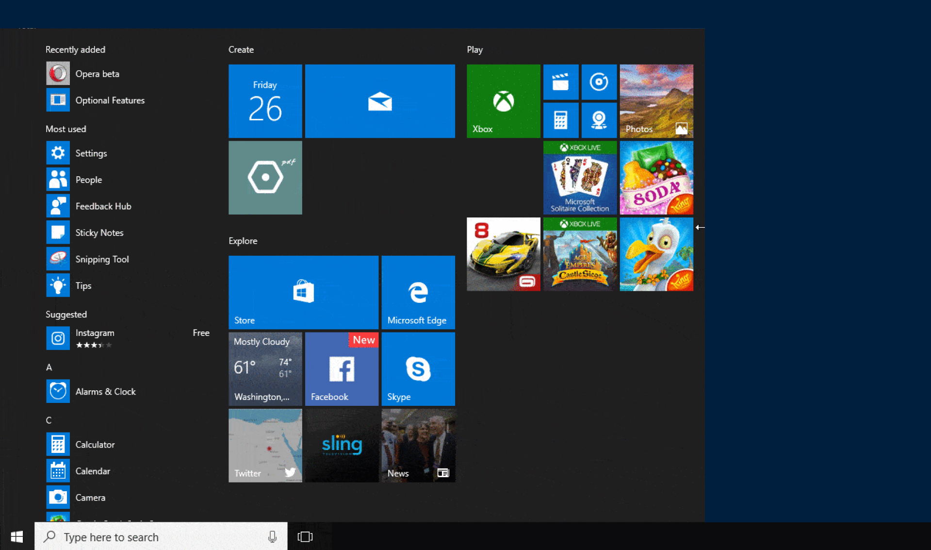 Captura de tela do menu Iniciar do Windows com ícones de aplicativo.