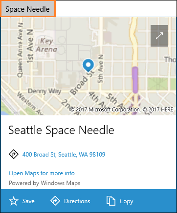 cartão de lugar mostrando a localização da space needle