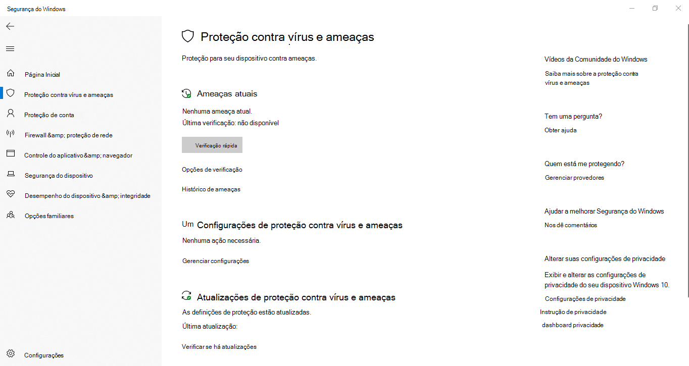 Captura de tela das configurações de proteção contra & vírus no Windows.