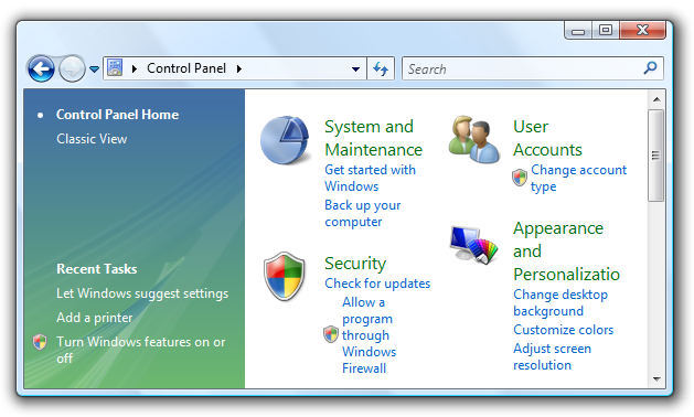 screen shot of control panel without logo