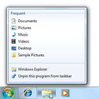 captura de tela da barra de tarefas e da lista de atalhos com ícones 