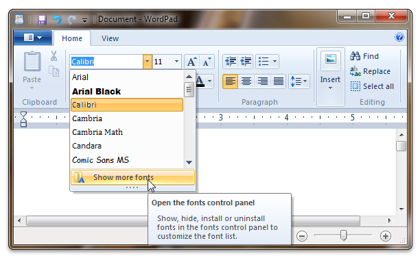 captura de tela da lista de família de fontes no wordpad para windows 7.