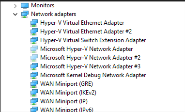 Captura de tela da lista de adaptadores de rede