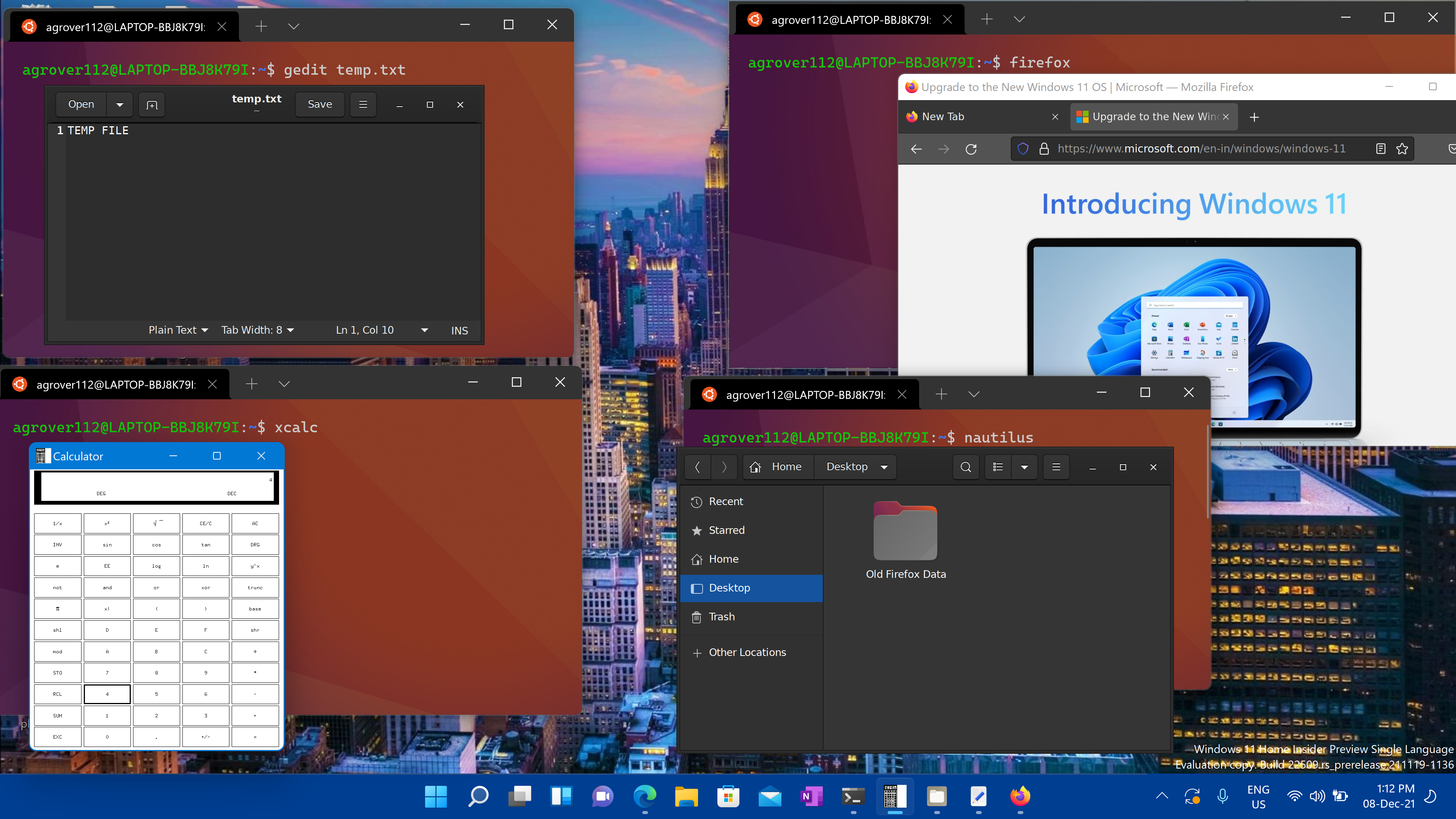 Screenshot of Linux and Windows apps open on a desktop