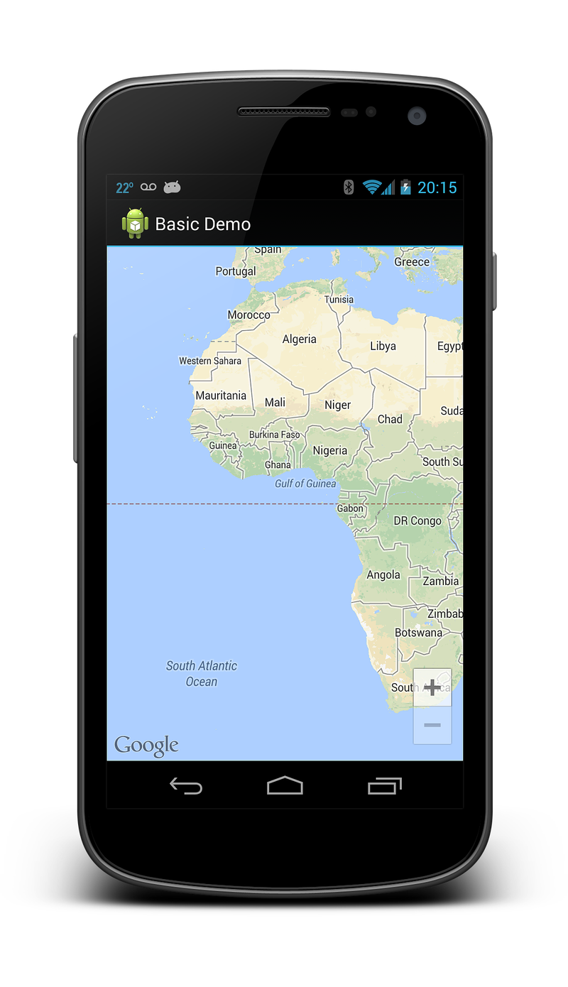 Captura de tela de um dispositivo exibindo um fragmento do Mapa do Google