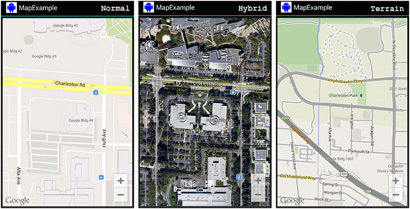 Três capturas de tela de exemplo de mapa: Normal, Híbrido e Terreno