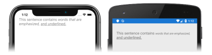 Captura de tela de um rótulo exibindo o texto formatado, no iOS e no Android