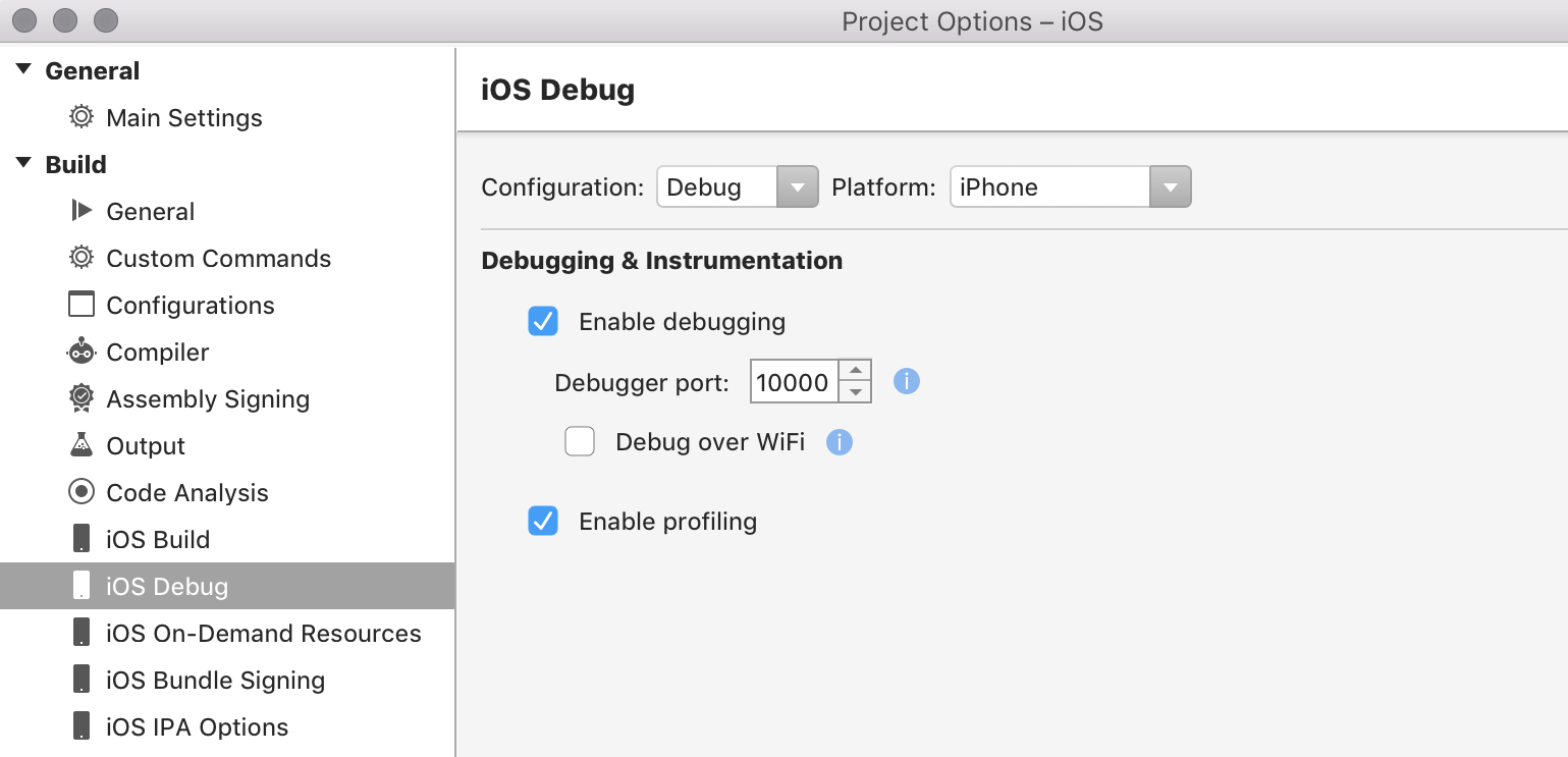 Caixa de diálogo Opções do iOS no Visual Studio para Mac