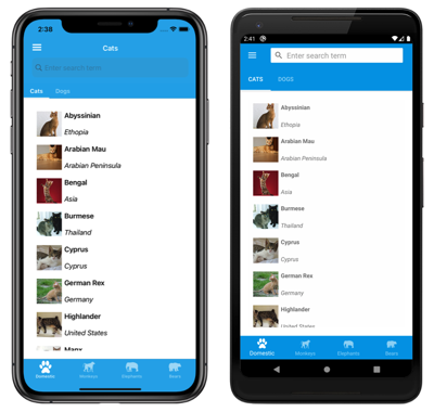 Captura de tela de um aplicativo Shell, no iOS e Android
