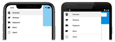 Captura de tela do submenu que contém objetos FlyoutItem, no submenu shell do iOS e do Android