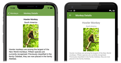 Captura de tela de detalhes do macaco, no iOS e Android