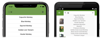 Captura de tela dos resultados da pesquisa em um Shell SearchHandler, no iOS e Android, com resultados para a cadeia de caracteres parcial M.