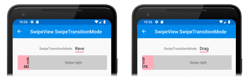 Captura de tela do SwipeView SwipeTransitionModes, em Android