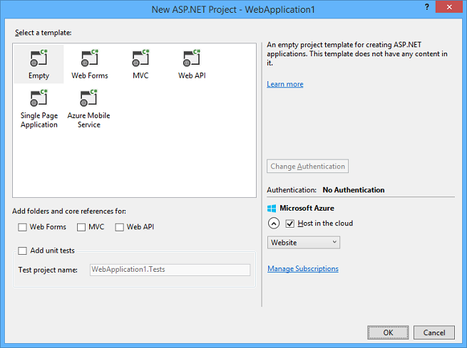 Captura de tela mostrando a janela Novo projeto de ASP.NET.