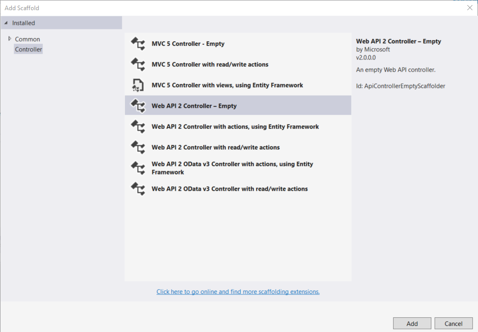 Captura de tela mostrando as opções de menu da caixa de diálogo 'adicionar scaffold', realçando a opção Controlador de API da Web – vazio.