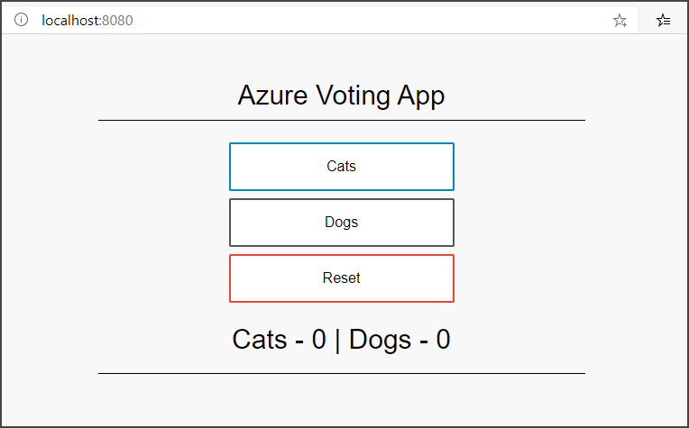 This image shows the container image that the Azure Voting App running locally opened in a local web browser