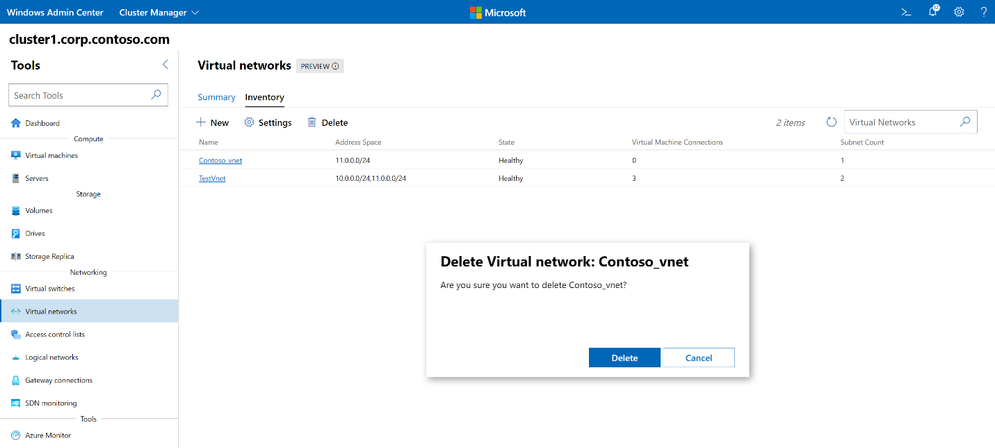 Screenshot of Windows Admin Center showing the Delete virtual network confirmation prompt.