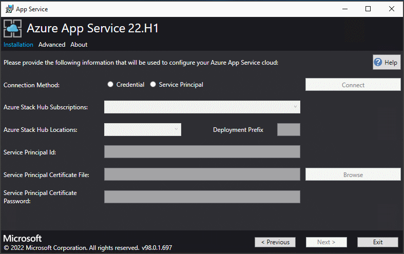 Captura de ecrã que mostra onde especifica as informações de subscrição do Azure Stack Hub no instalador do Serviço de Aplicações.