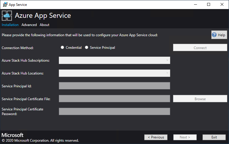 Captura de ecrã que mostra onde especifica as informações de subscrição do Azure Stack Hub no instalador do Serviço de Aplicações.