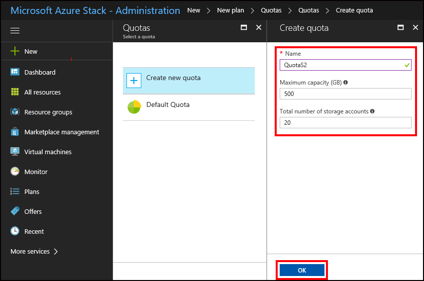 Create new quota for new plan in Azure Stack Hub