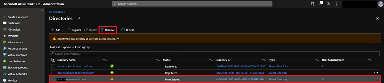 Captura de ecrã que mostra a seleção de Remover para um diretório.