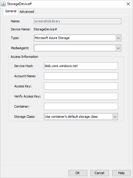 A caixa de diálogo StorageDevice# apresenta a página Separador Geral, com várias caixas de texto e lista para especificar o dispositivo de armazenamento a ser criado.