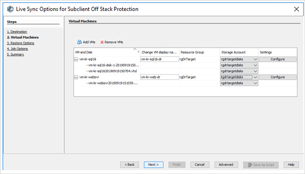 O passo Máquinas Virtuais do assistente Opções de Sincronização Em Direto para Subclient Off Stack Protection permite-lhe adicionar e remover VMs.