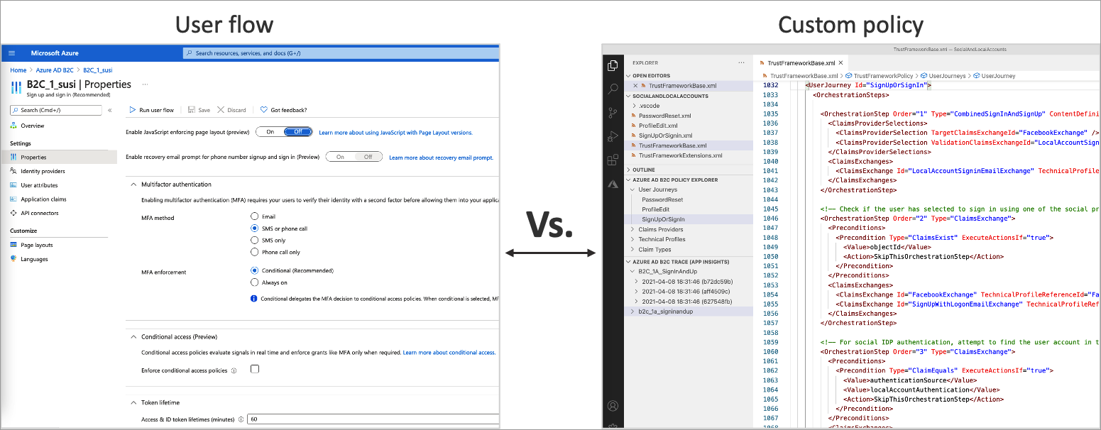Captura de ecrã a mostrar a IU das definições do fluxo de utilizador versus um ficheiro de configuração de política personalizada.