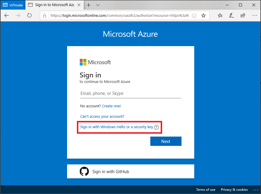 Entre no Microsoft Edge com uma chave de segurança