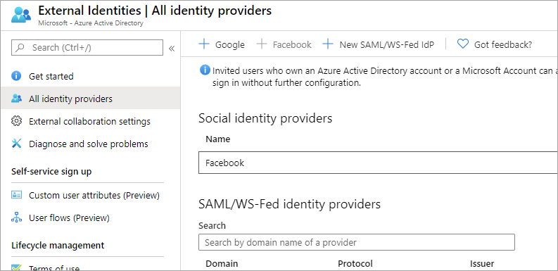 Captura de ecrã a mostrar a página Fornecedores de identidade.