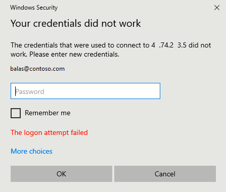 Captura de ecrã da mensagem que diz que as suas credenciais não funcionaram.