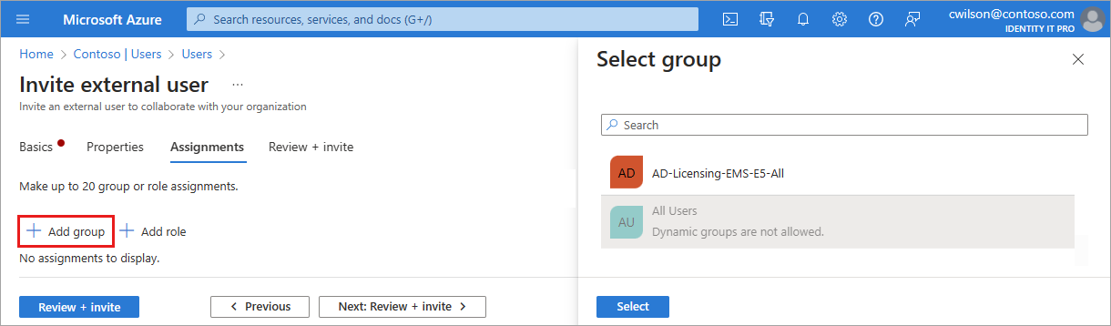 Captura de ecrã do processo de atribuição de grupo de adição.