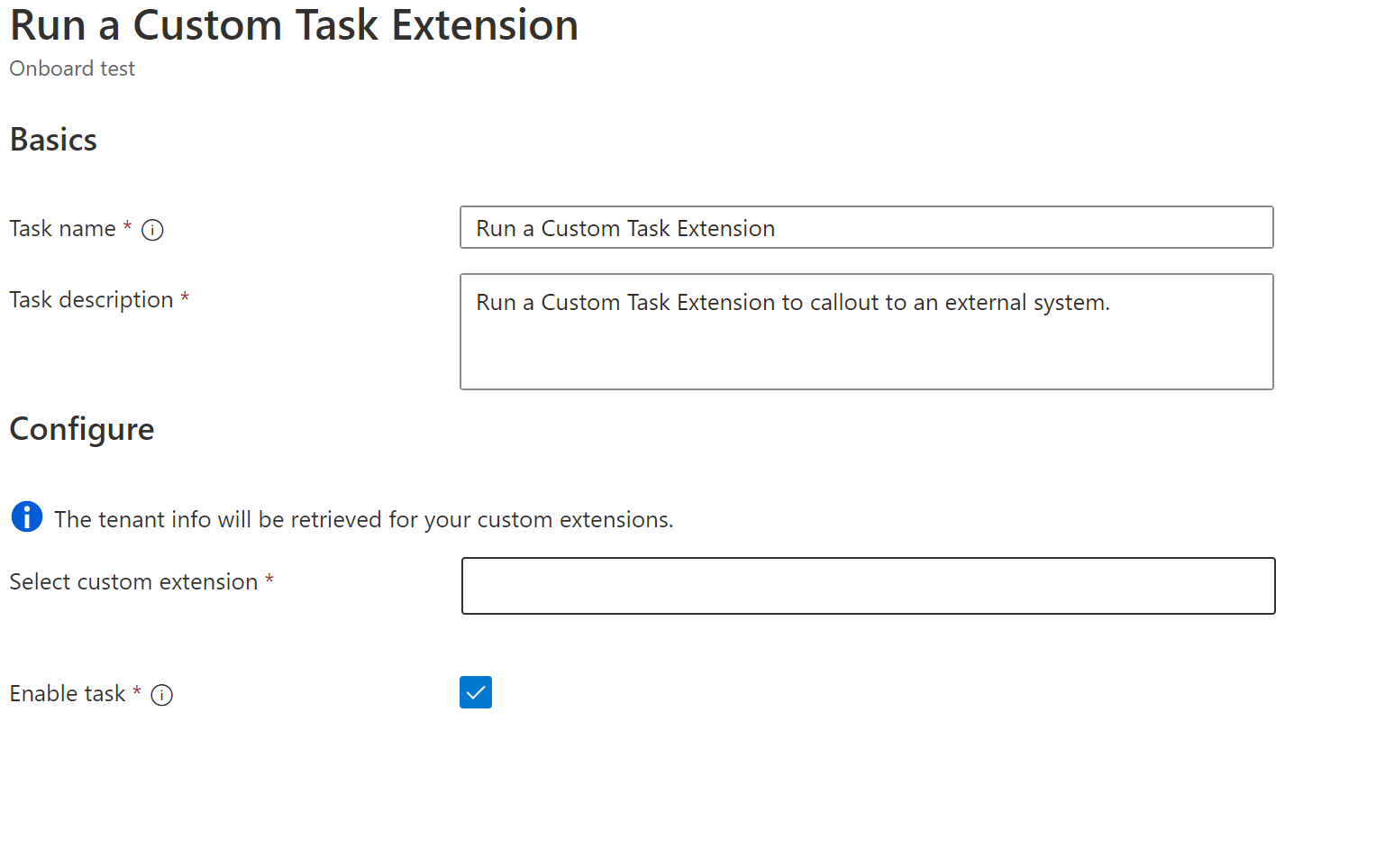 Captura de tela da tarefa Fluxos de trabalho: tarefa de extensão personalizada.