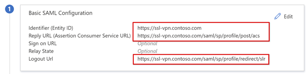 Captura de ecrã dos URLs básicos de configuração SAML.