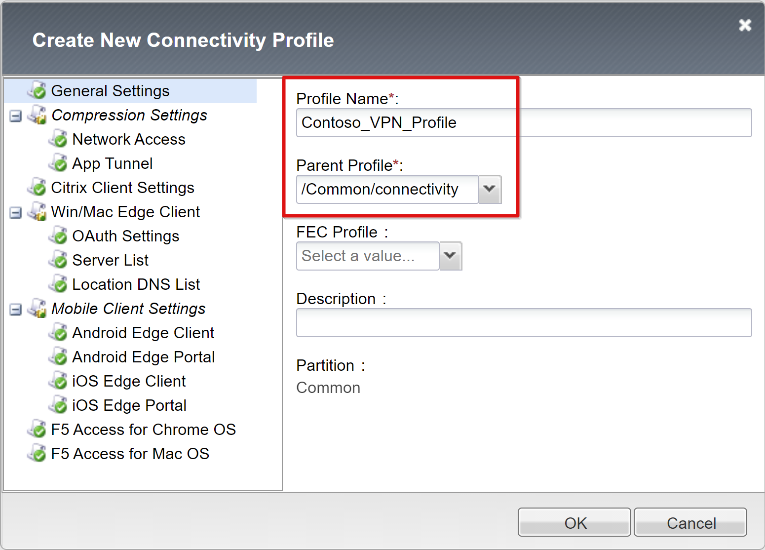 Captura de ecrã a mostrar as entradas Nome do Perfil e Nome Principal em Criar Novo Perfil de Conectividade.