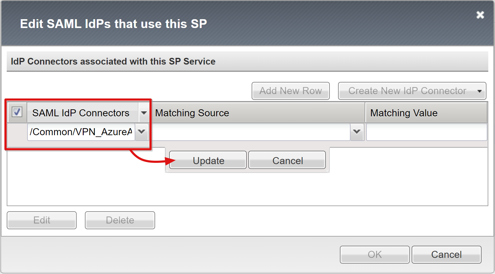 Captura de ecrã da opção Conectores IdP SAML na página Editar IdP SAML.