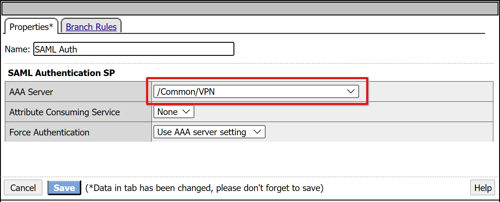 Captura de ecrã a mostrar a entrada do Servidor AAA em SP de Autenticação SAML, no separador Propriedades.