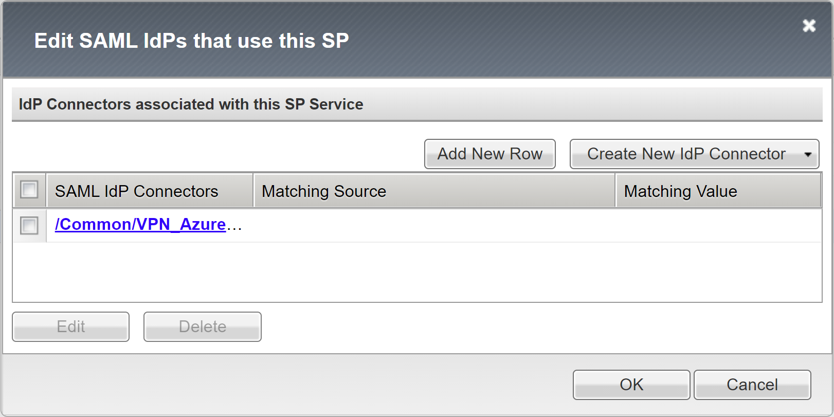 Captura de ecrã da ligação Comum do Azure VPN na página Editar IdPs SAML.