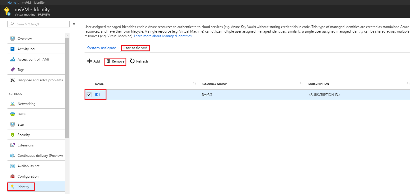 Captura de tela mostrando como remover a identidade gerenciada atribuída pelo usuário de uma VM