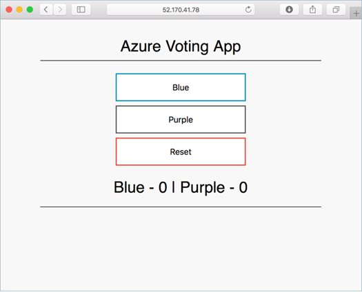 Captura de ecrã a mostrar um exemplo da imagem atualizada da Aplicação de Voto do Azure em execução num cluster do AKS aberto num browser local.