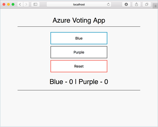 Captura de ecrã a mostrar um exemplo da imagem de contentor atualizada da Aplicação de Voto do Azure em execução localmente aberta num browser local
