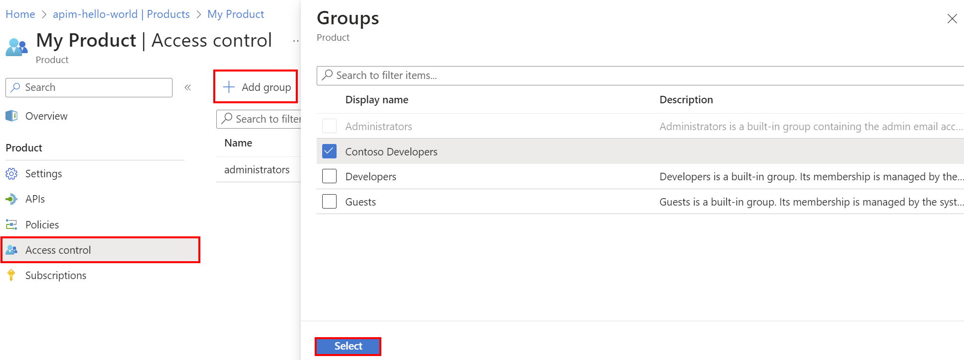 Captura de ecrã a mostrar a adição de um grupo a um produto no portal.