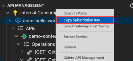 Captura de ecrã do comando Copiar chave de subscrição no Visual Studio Code.